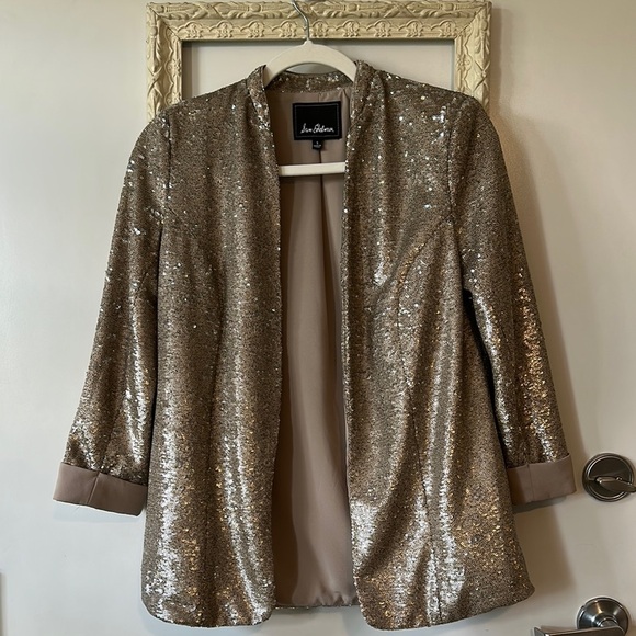 SAM EDELMAN | Champagne Gold Sequin Blazer Open Front 3/4 Sleeves - Picture 2 of 15